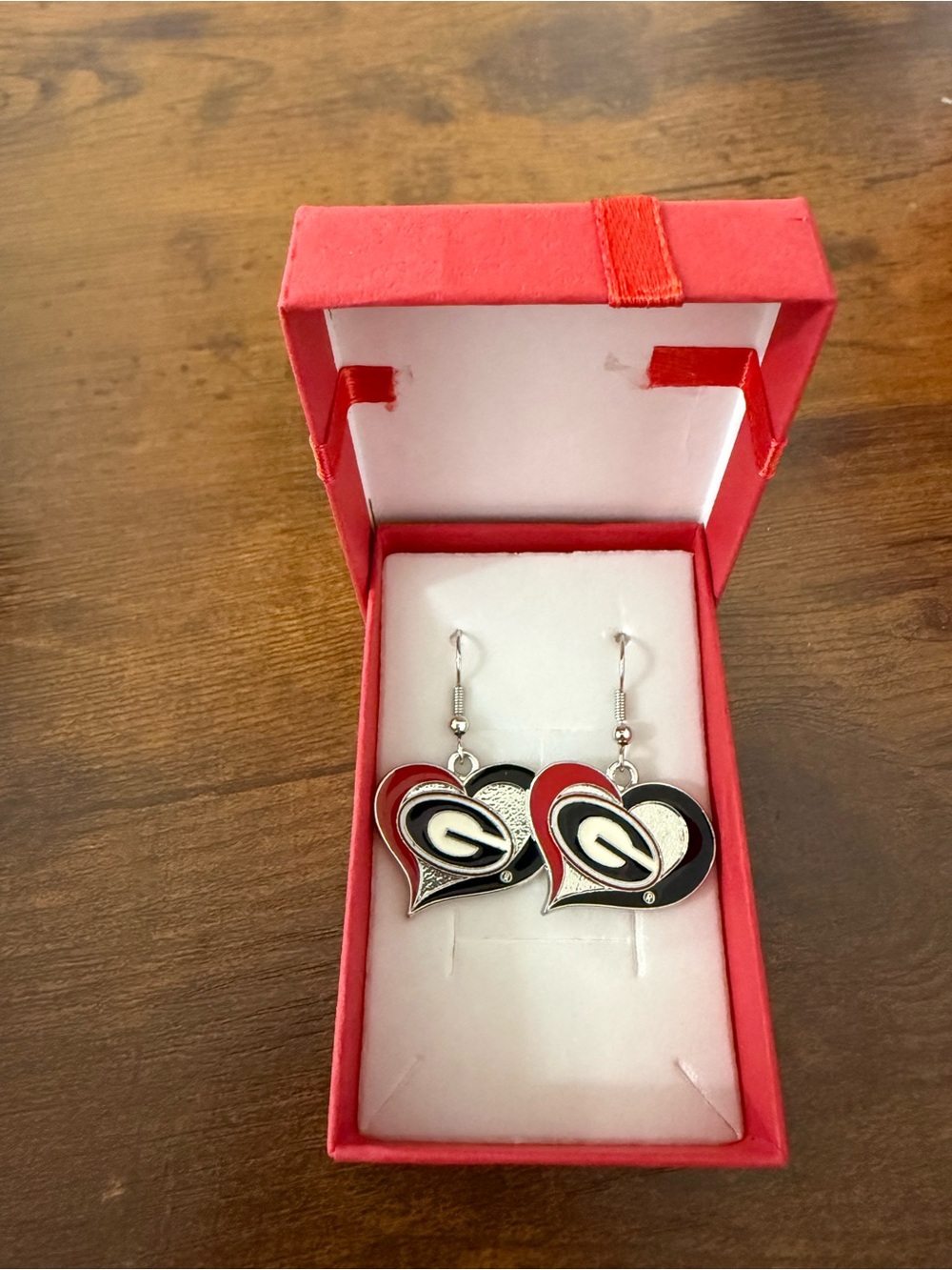GA Bulldogs Heart Drop Earrings with Red and Black Accent -